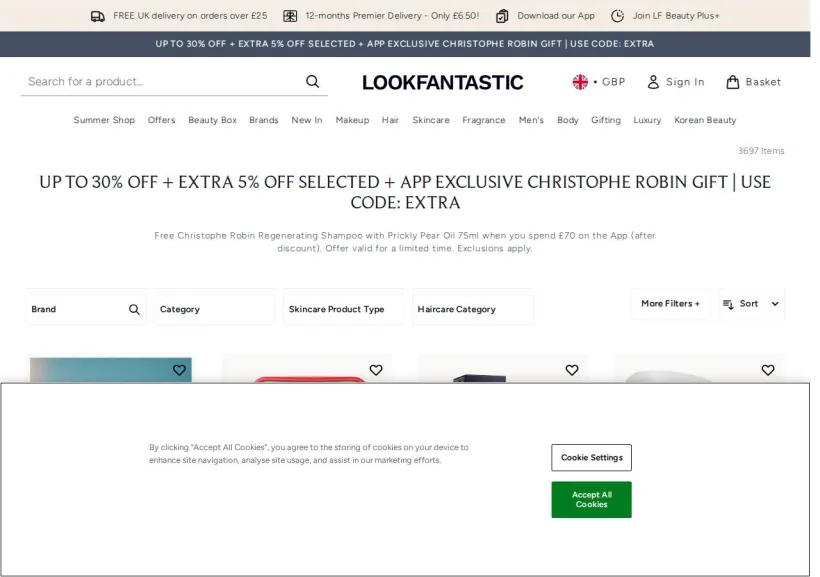 Schermata della pagina offerta di Look Fantastic
