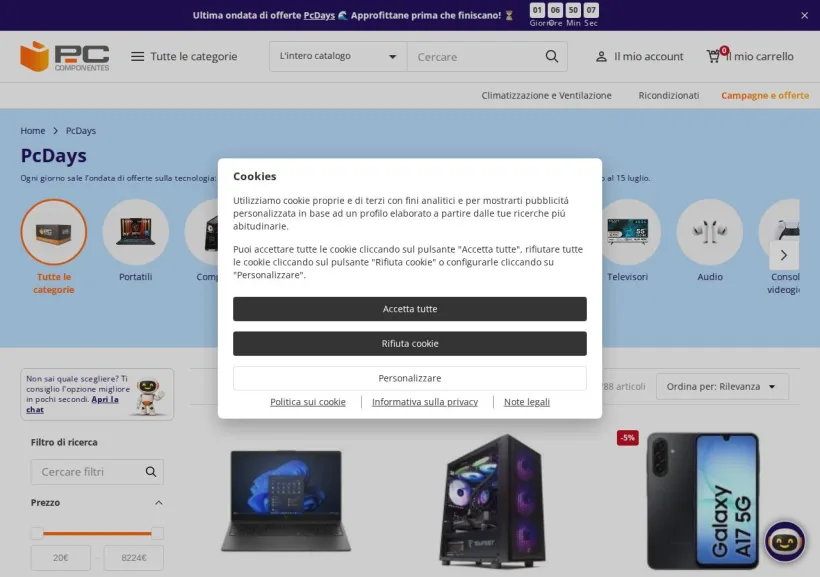 Schermata della pagina offerta di Pc Componentes