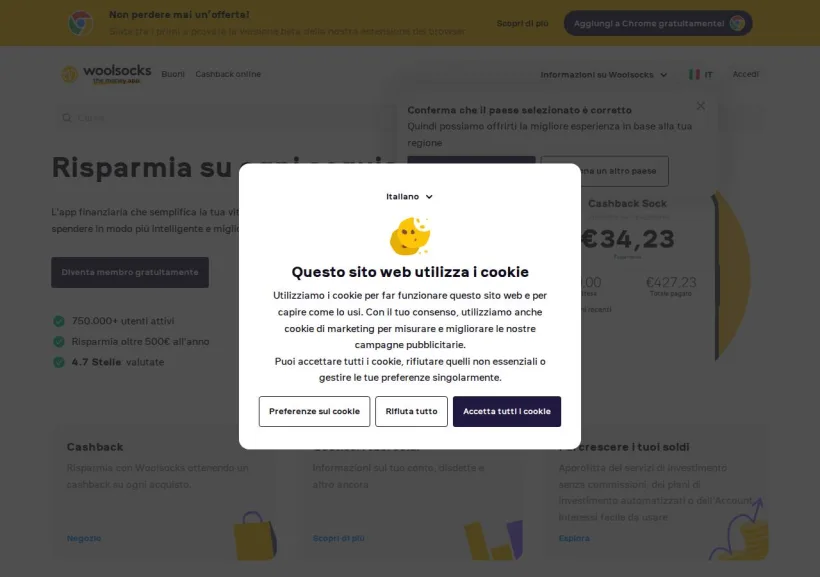 Schermata della pagina offerta di Woolsocks