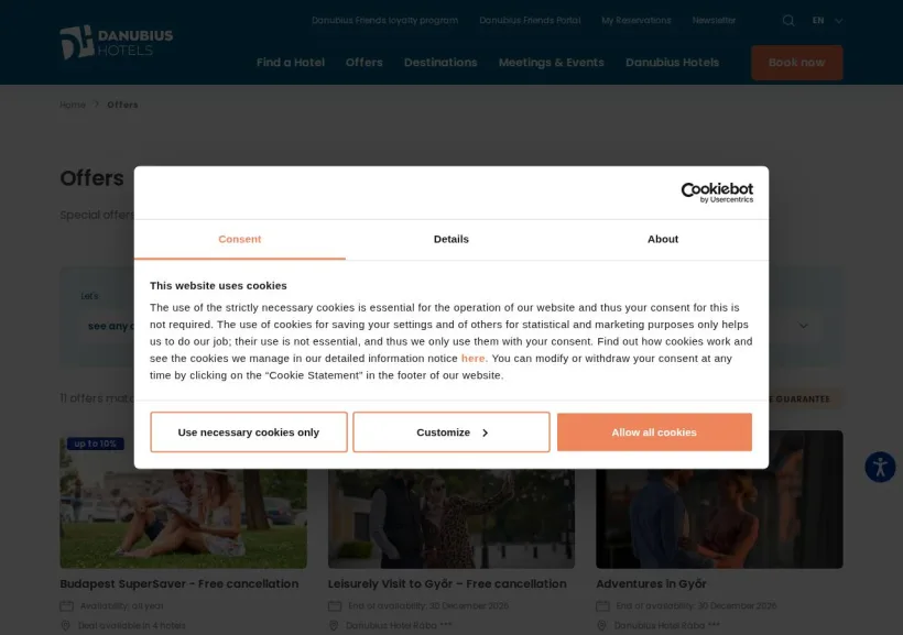 Schermata della pagina offerta di Danubius Hotels  