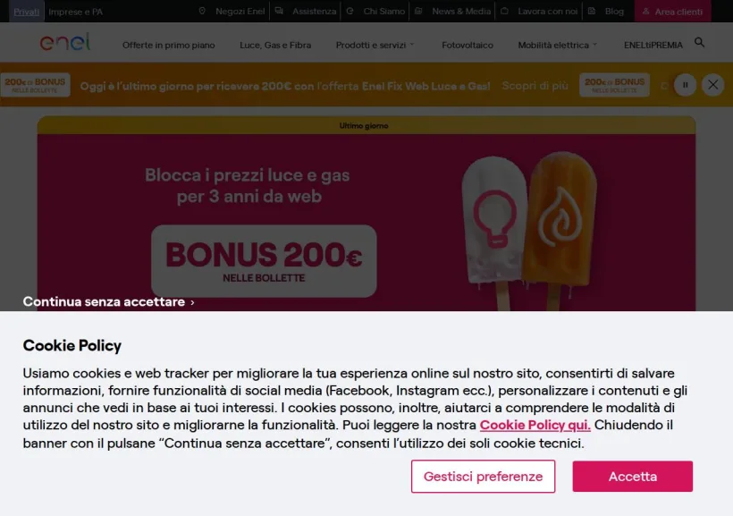 Schermata della pagina offerta di Enel Energia
