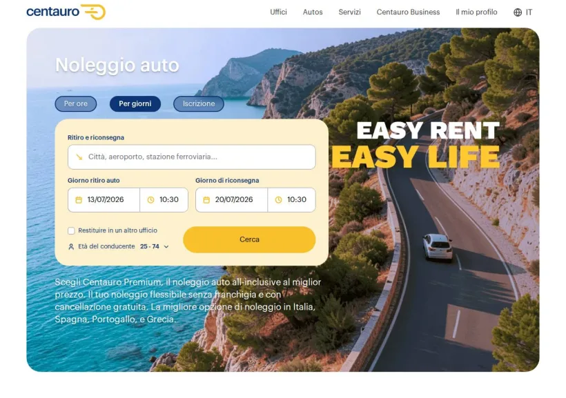 Schermata della pagina offerta di Centauro Rent a Car