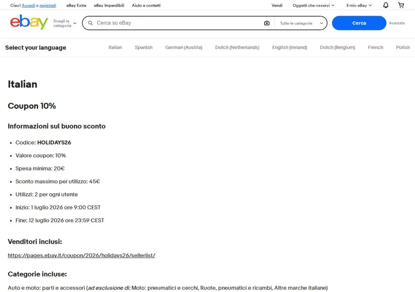 Schermata della pagina offerta di eBay