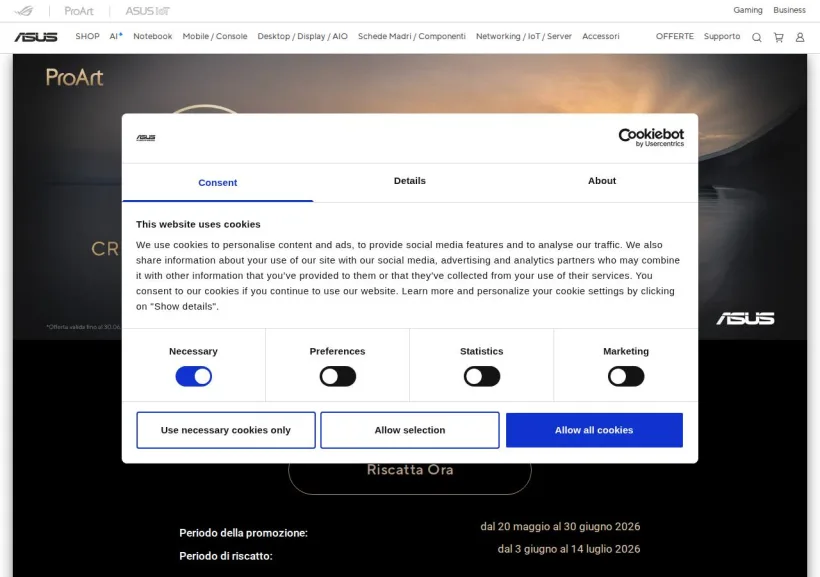 Schermata della pagina offerta di Asus