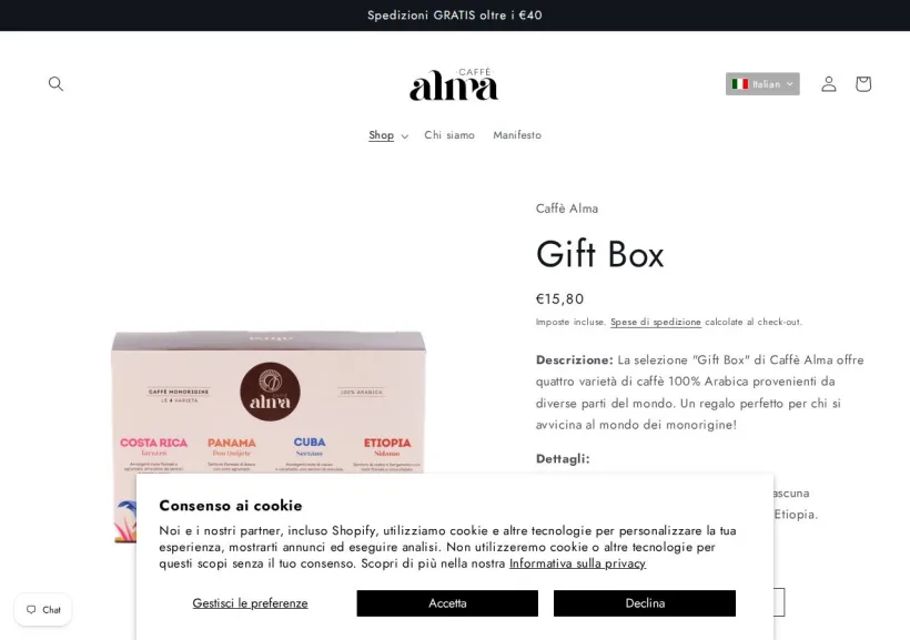 Schermata della pagina offerta di Caffè Alma
