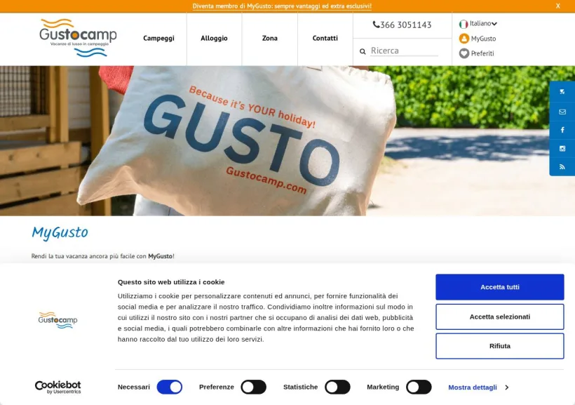 Schermata della pagina offerta di Gustocamp