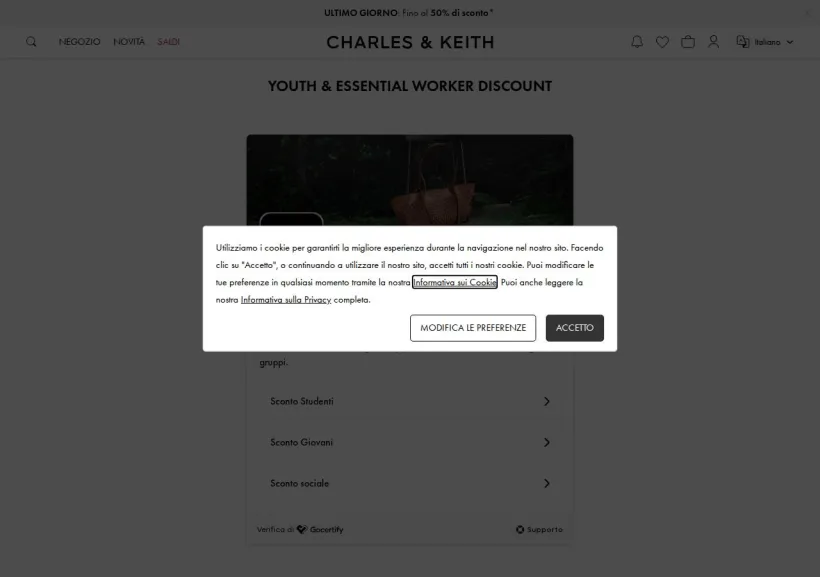 Schermata della pagina offerta di Charles & Keith
