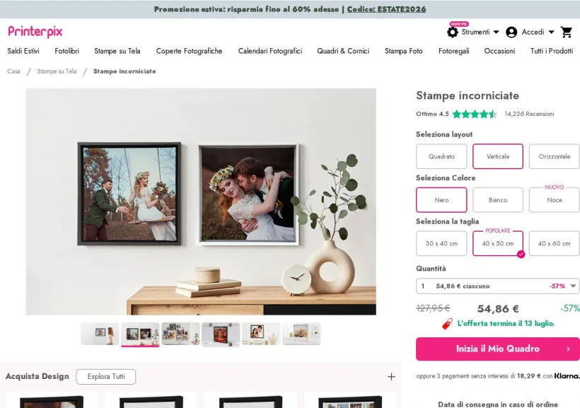 Schermata della pagina offerta di Printerpix