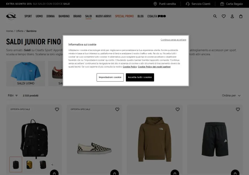 Schermata della pagina offerta di Cisalfa