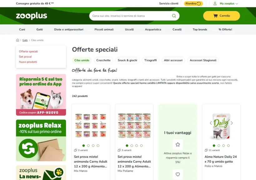 Schermata della pagina offerta di Zooplus