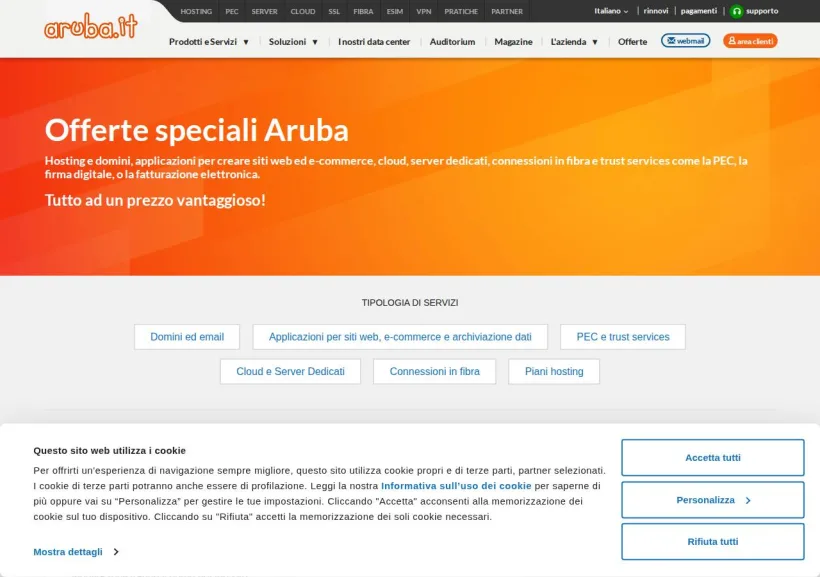 Schermata della pagina offerta di Aruba