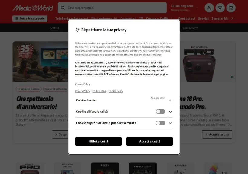 Schermata della pagina offerta di Mediaworld