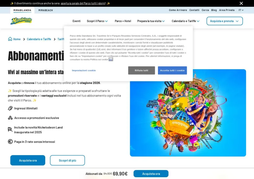 Schermata della pagina offerta di Mirabilandia