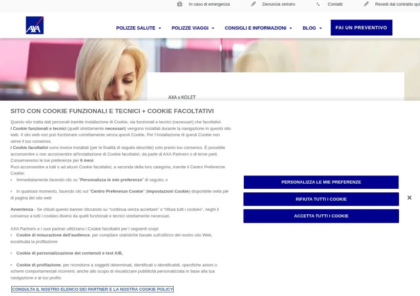 Schermata della pagina offerta di AXA Travel Insurance