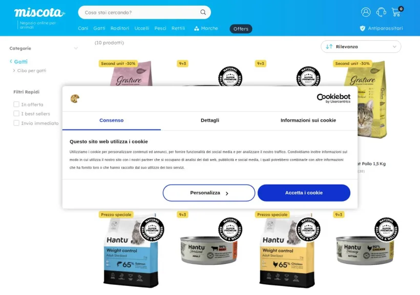 Schermata della pagina offerta di Miscota