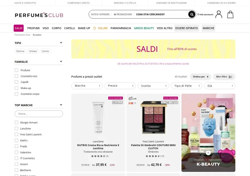 Schermata della pagina offerta di Perfume's Club