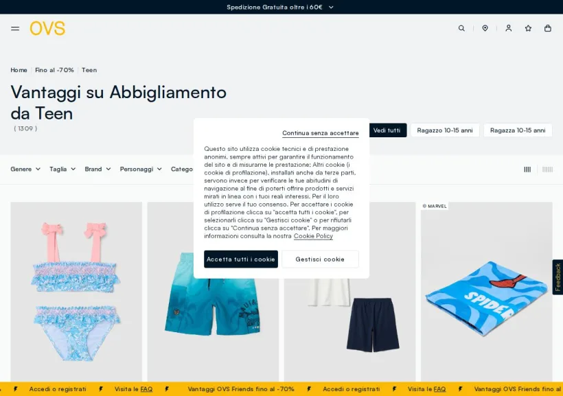 Schermata della pagina offerta di OVS