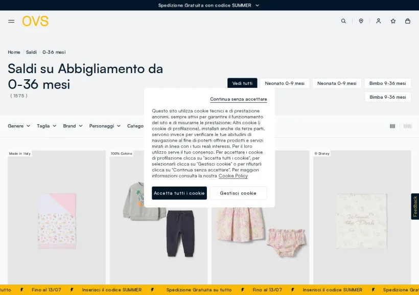 Schermata della pagina offerta di OVS