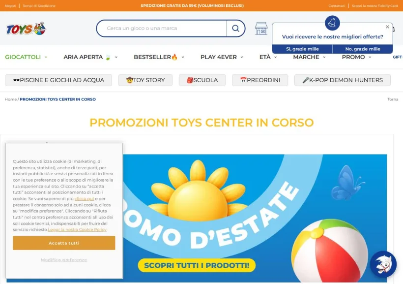 Schermata della pagina offerta di Toys Center