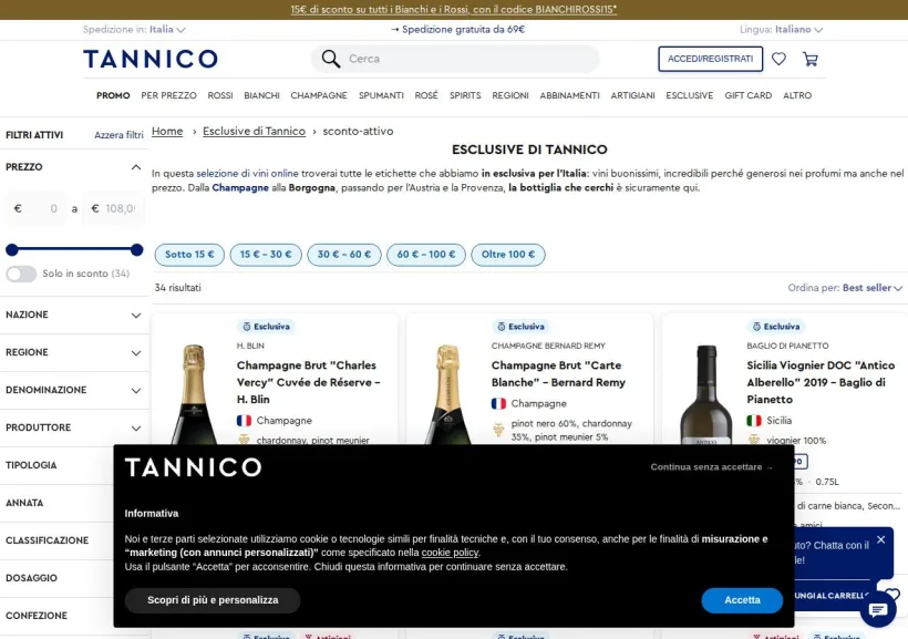 Schermata della pagina offerta di Tannico