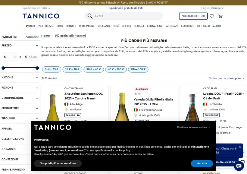 Schermata della pagina offerta di Tannico