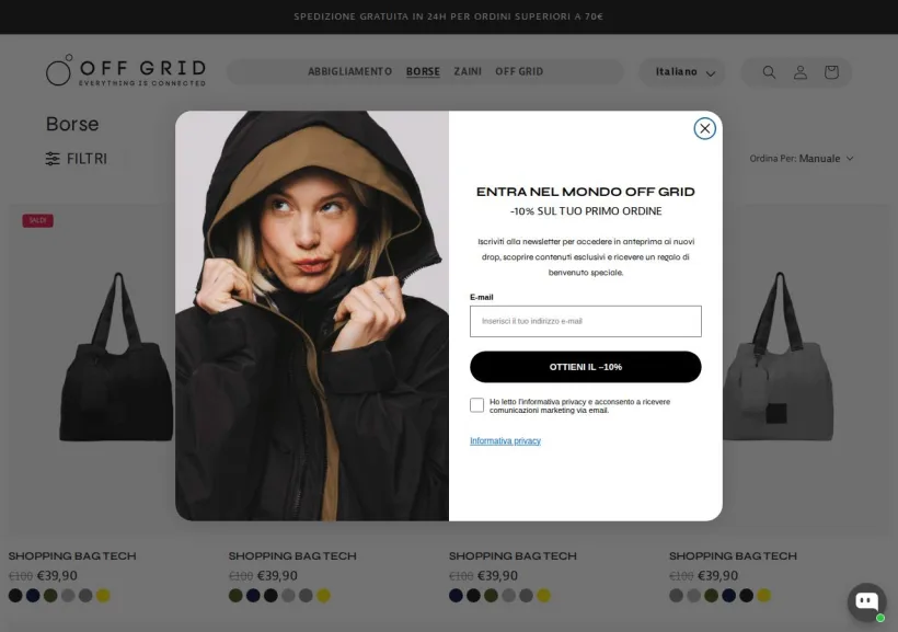 Schermata della pagina offerta di Off Grid