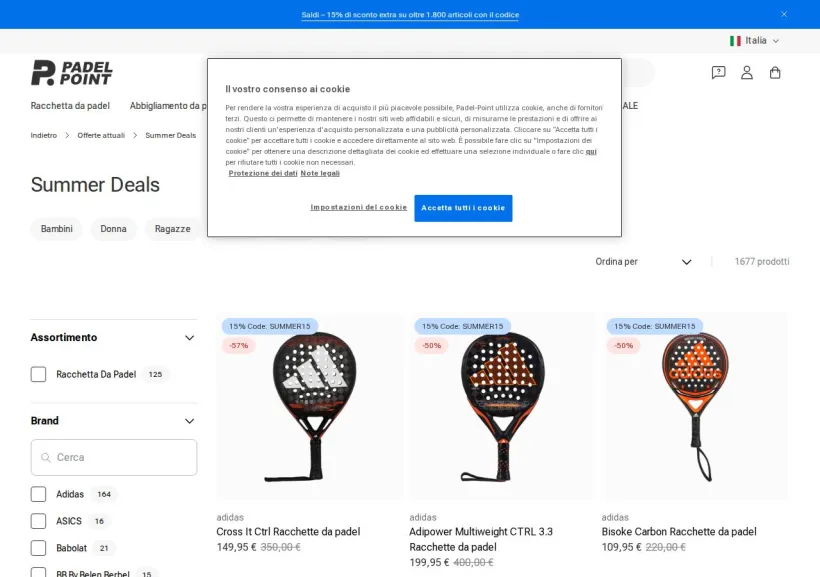 Schermata della pagina offerta di Padel-Point