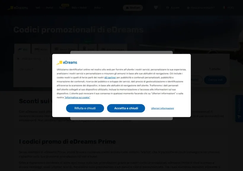 Schermata della pagina offerta di eDreams