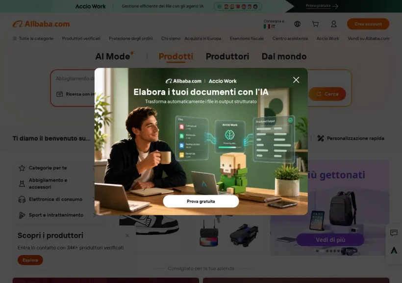Schermata della pagina offerta di Alibaba