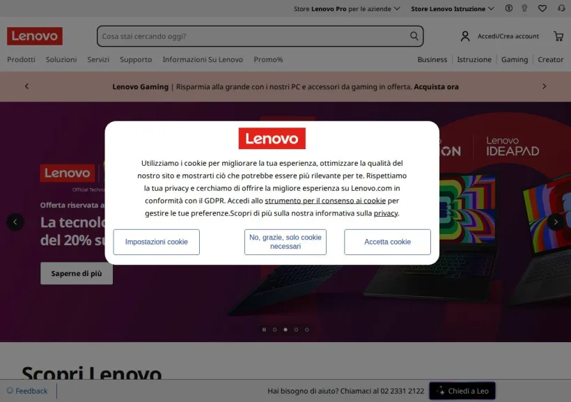 Schermata della pagina offerta di Lenovo