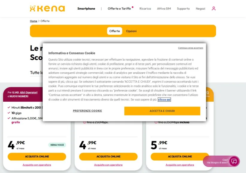 Schermata della pagina offerta di Kenamobile