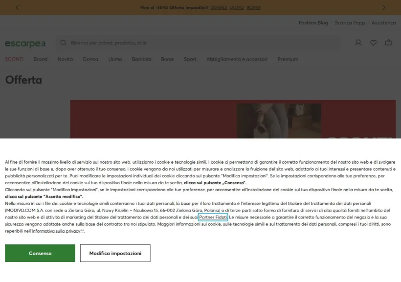 Schermata della pagina offerta di Escarpe.it