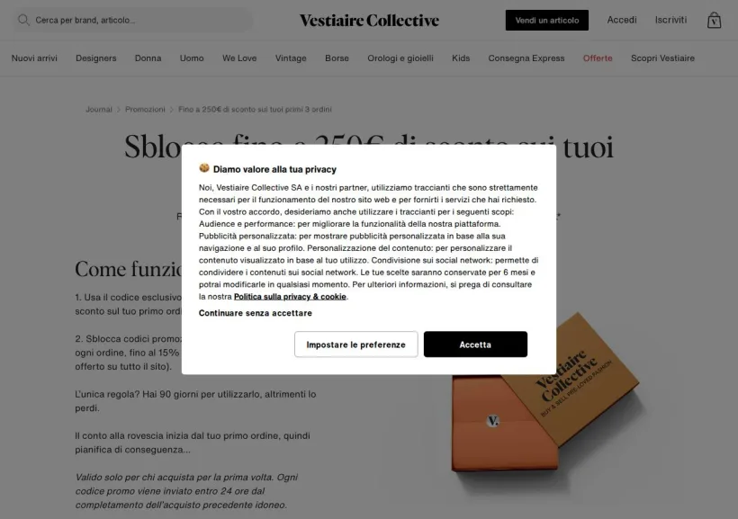 Schermata della pagina offerta di Vestiaire Collective