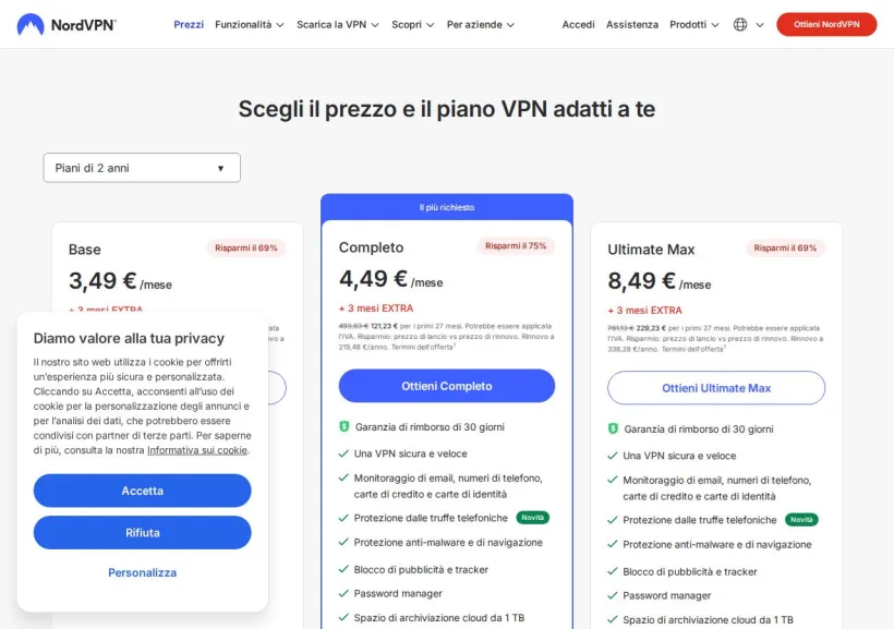 Schermata della pagina offerta di NordVPN