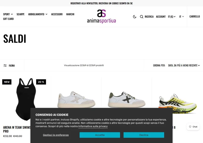 Schermata della pagina offerta di Animasportiva