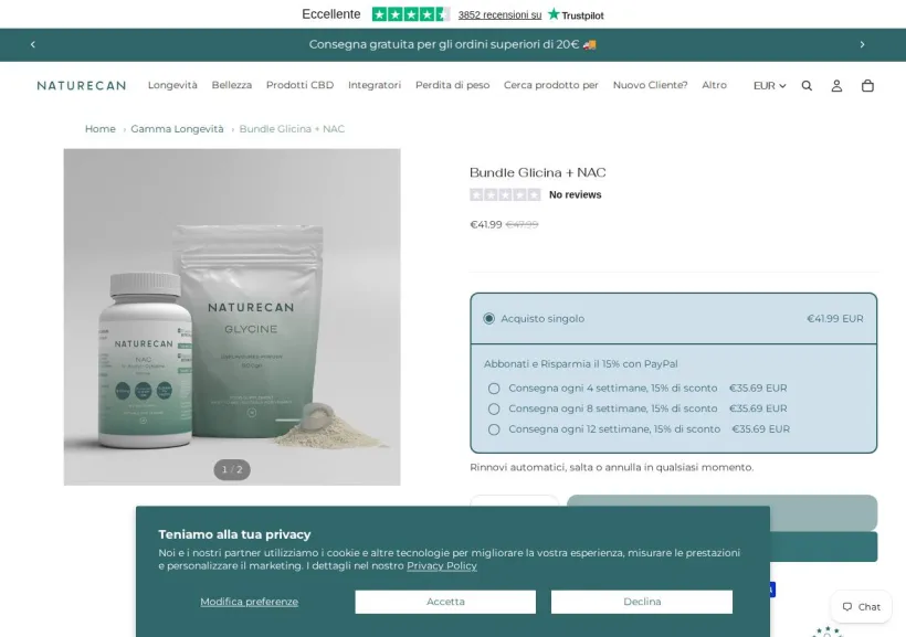Schermata della pagina offerta di Naturecan