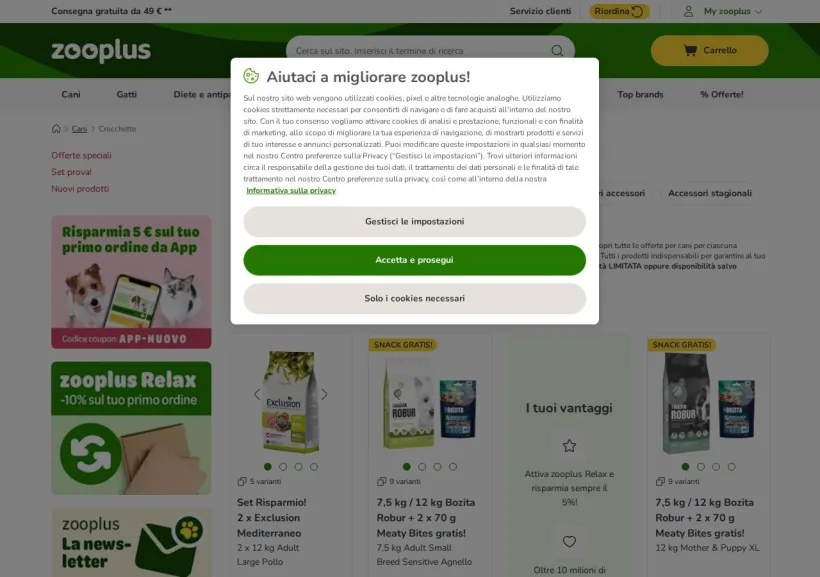 Schermata della pagina offerta di Zooplus
