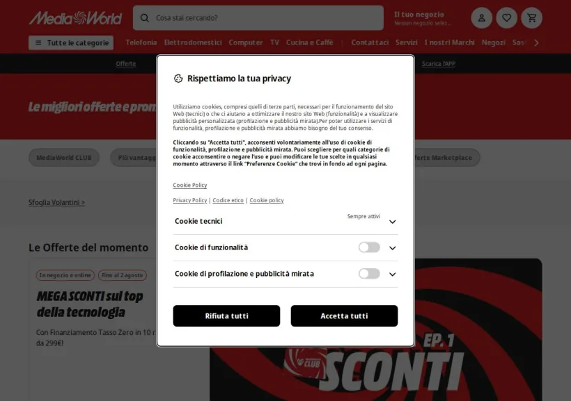 Schermata della pagina offerta di Mediaworld