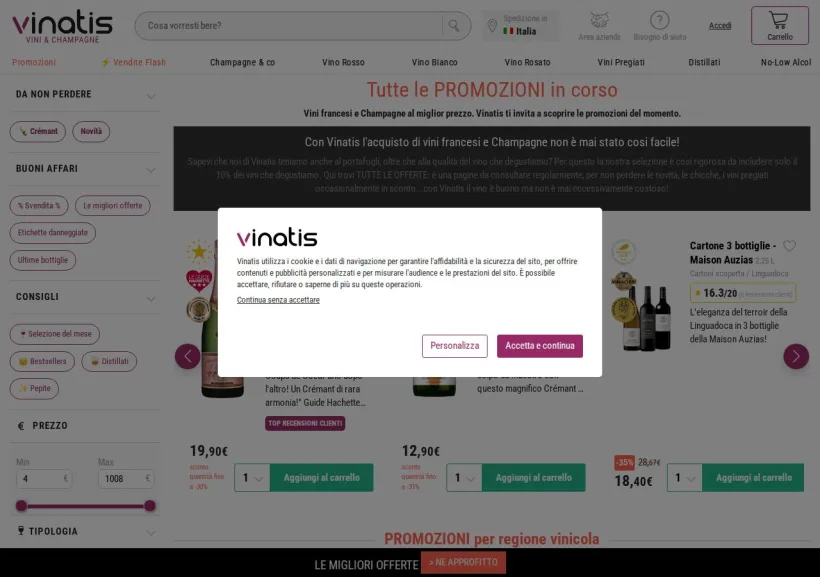 Schermata della pagina offerta di Vinatis