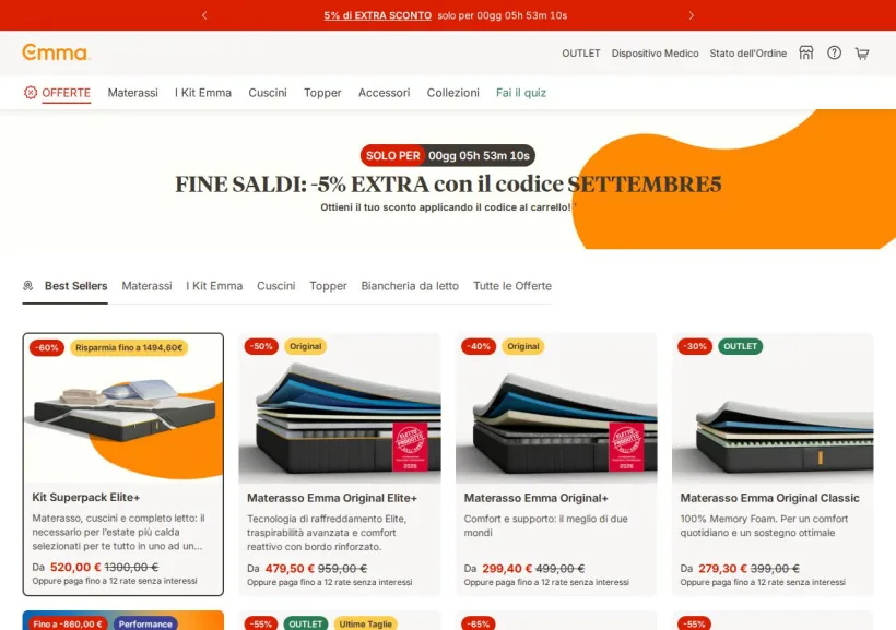 Schermata della pagina offerta di Emma Mattress