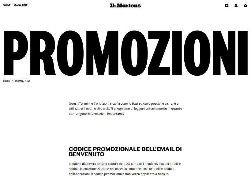 Schermata della pagina offerta di Dr Martens