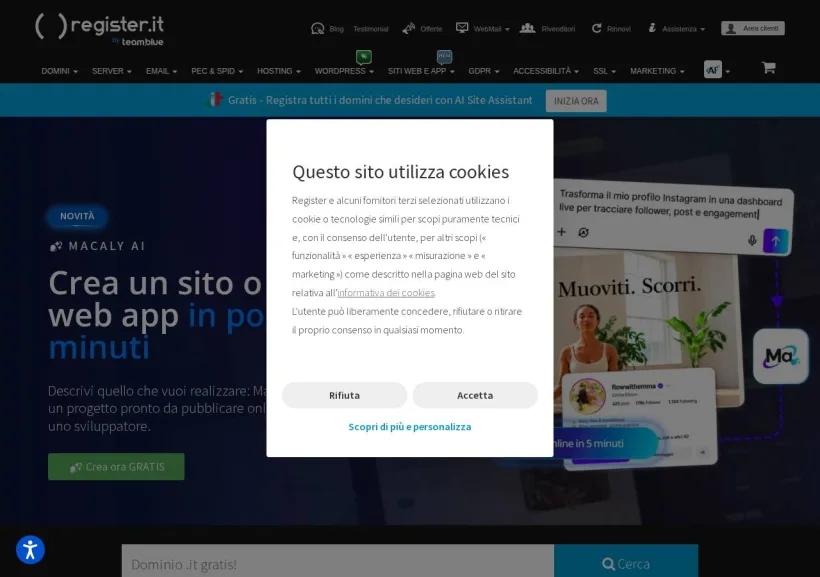 Schermata della pagina offerta di Register