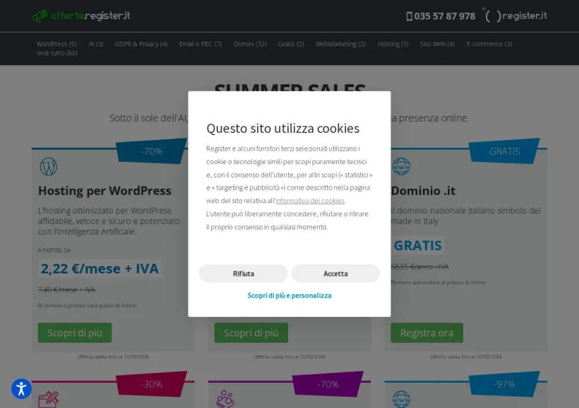 Schermata della pagina offerta di Register