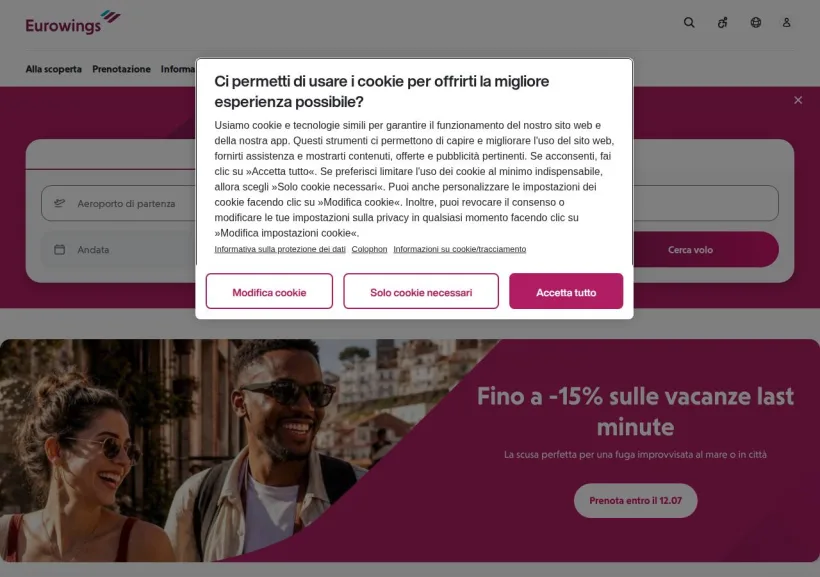 Schermata della pagina offerta di Eurowings