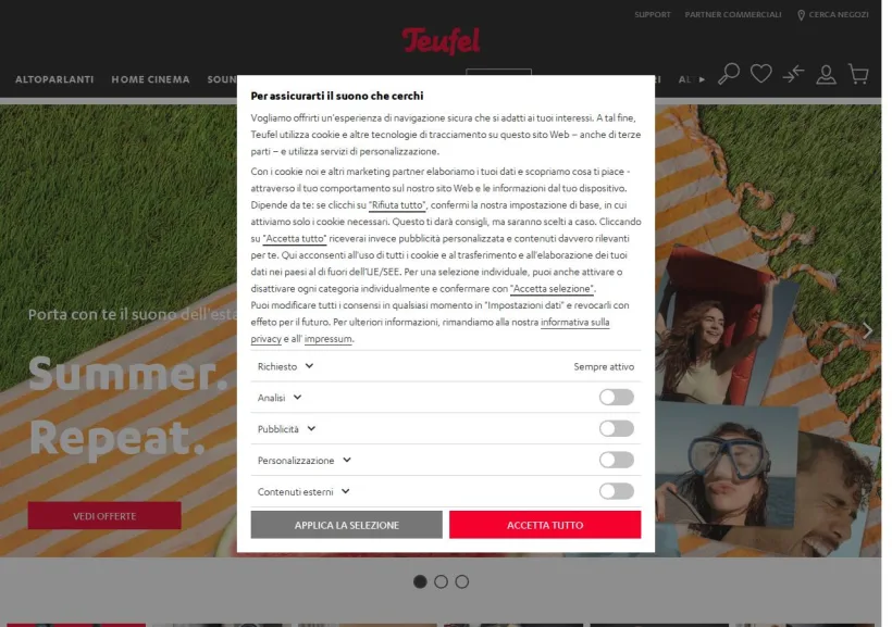 Schermata della pagina offerta di Teufel
