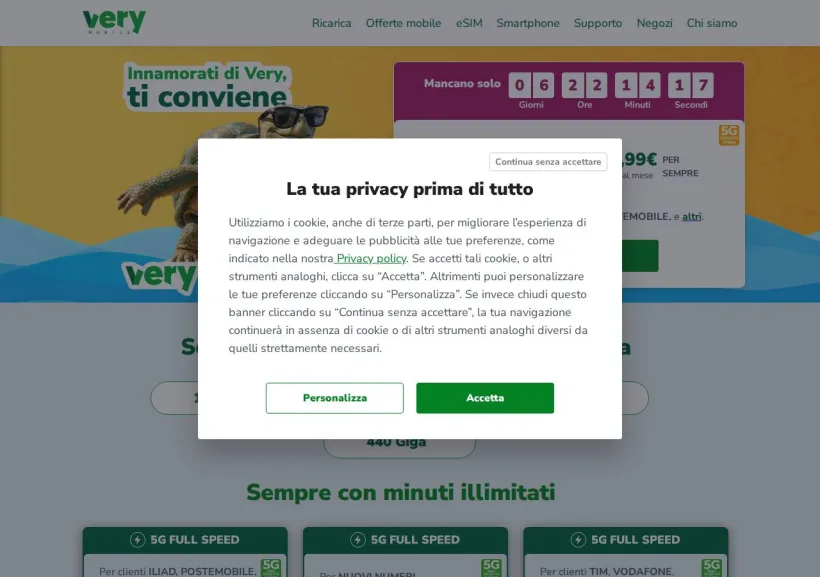 Schermata della pagina offerta di Very mobile