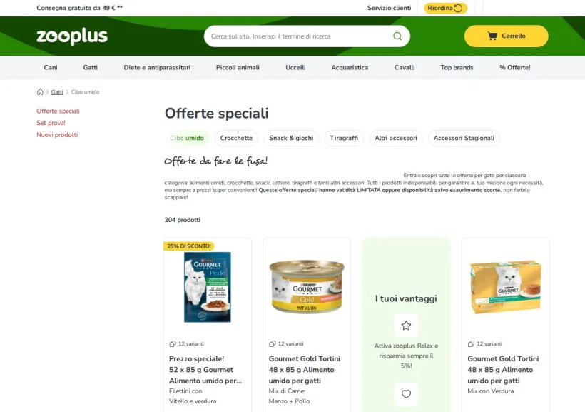 Schermata della pagina offerta di Zooplus