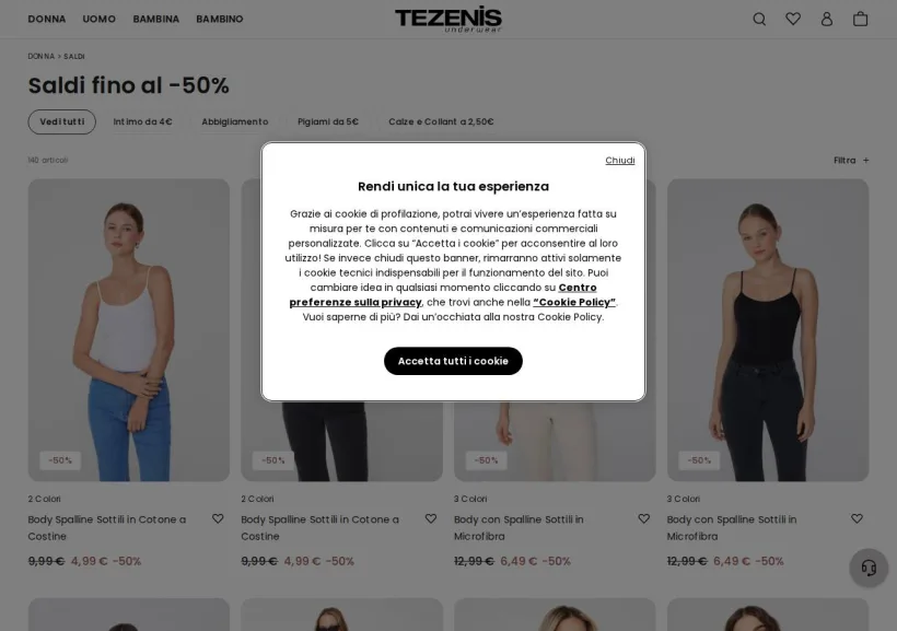 Schermata della pagina offerta di Tezenis