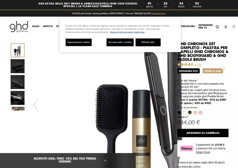 Schermata della pagina offerta di GHD