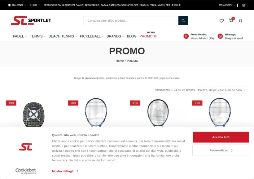 Schermata della pagina offerta di SPORTLET - Sport di racchetta